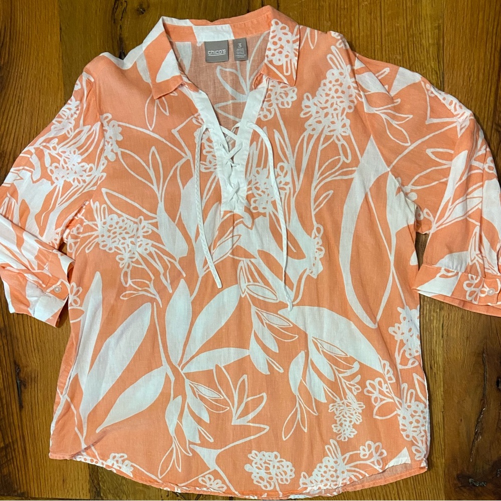 Chico’s Tie Front Linen Blend Peach Orange with White Floral Print Top, size XL